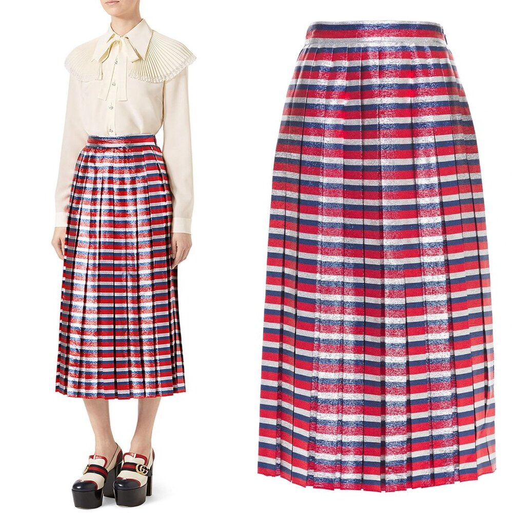 GUCCI SKIRT PLEATED METALLIC STRIPED SILK BLEND MIDI SYLVIE WEB sz 42 US 6